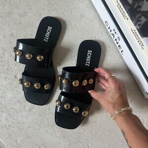 Schutz Lizzie Slide‎ Sandals Black Gold Studs Jelly Size 9